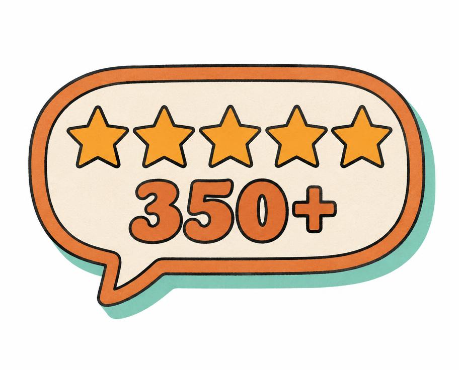 Illustration of a review bubble holding five stars and the number 350+