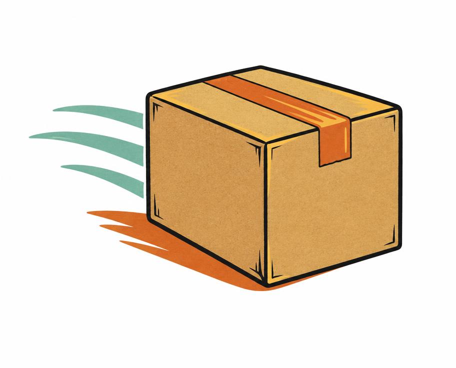 Illustration of a sealed, unbranded shipping box with motion lines